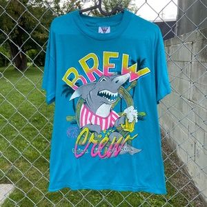 Vintage 90s SSI Brew Crew T-Shirt Mens Medium Teal Shark Single Stitch USA Tee